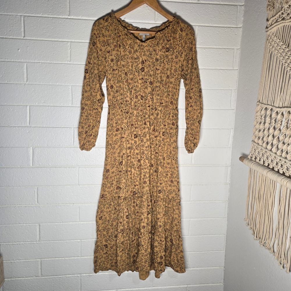 Allison Brittney Women Maxi Dress Floral Rayon Tiered Long Sleeve Mustard Boho L